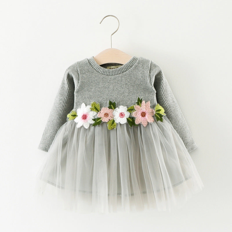 Spring and Autumn Children's Waist Flower Long Sleeve Dress Princess Dress Baby Skirt