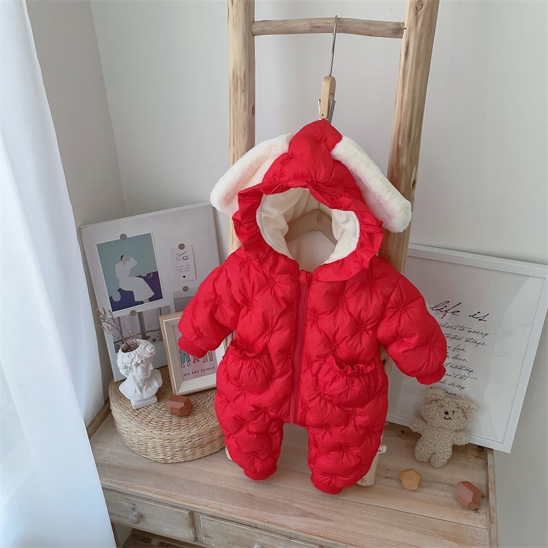 Winter Cotton Padded Clothes Baby's Velvet Thickened Romper One Piece Cotton Padded Clothes For 100 Days Of Full Moon