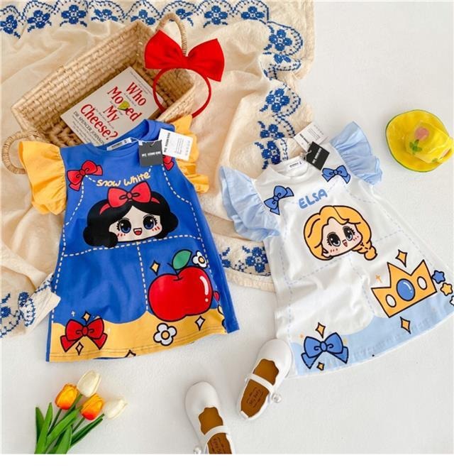 Girls T-Shirt Dress Summer New Aisha White Snow At Large Princess Small Flying Sleeves Printed Baby Dresses