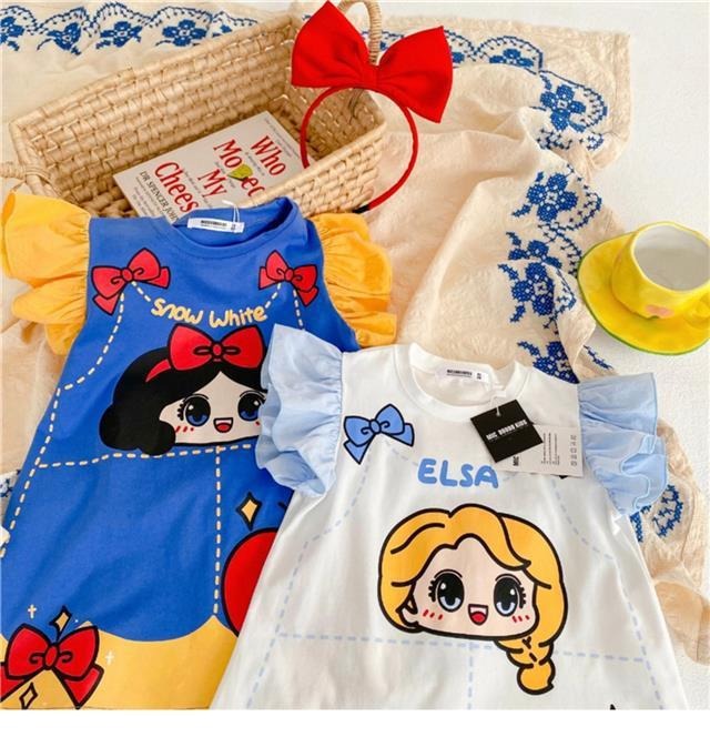 Girls T-Shirt Dress Summer New Aisha White Snow At Large Princess Small Flying Sleeves Printed Baby Dresses