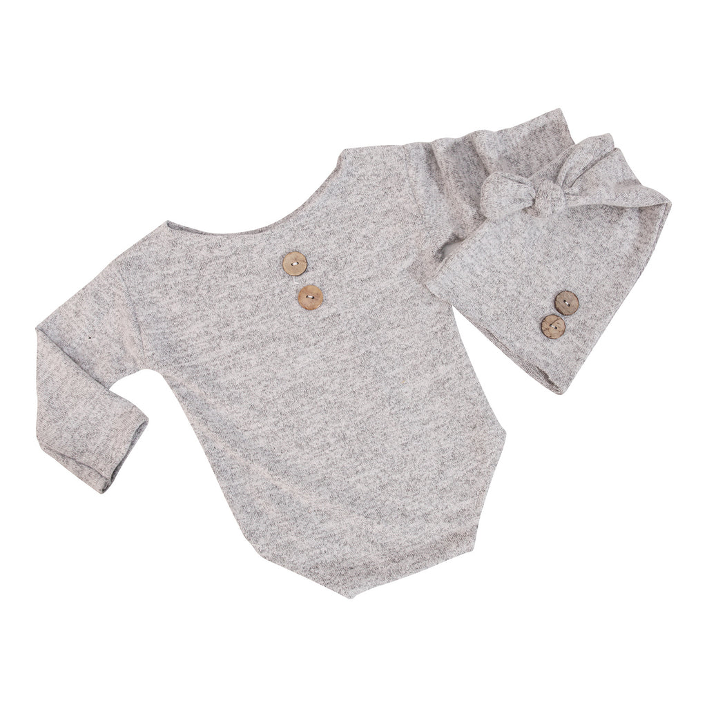 Newborn Full Moon Hundred Days Photography Baby Photo Clothes Props Button Hat 2-Piece Set