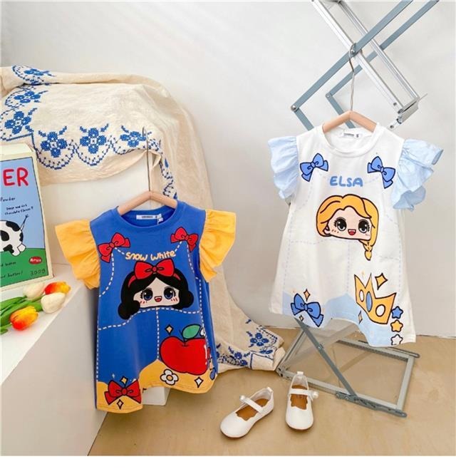 Girls T-Shirt Dress Summer New Aisha White Snow At Large Princess Small Flying Sleeves Printed Baby Dresses