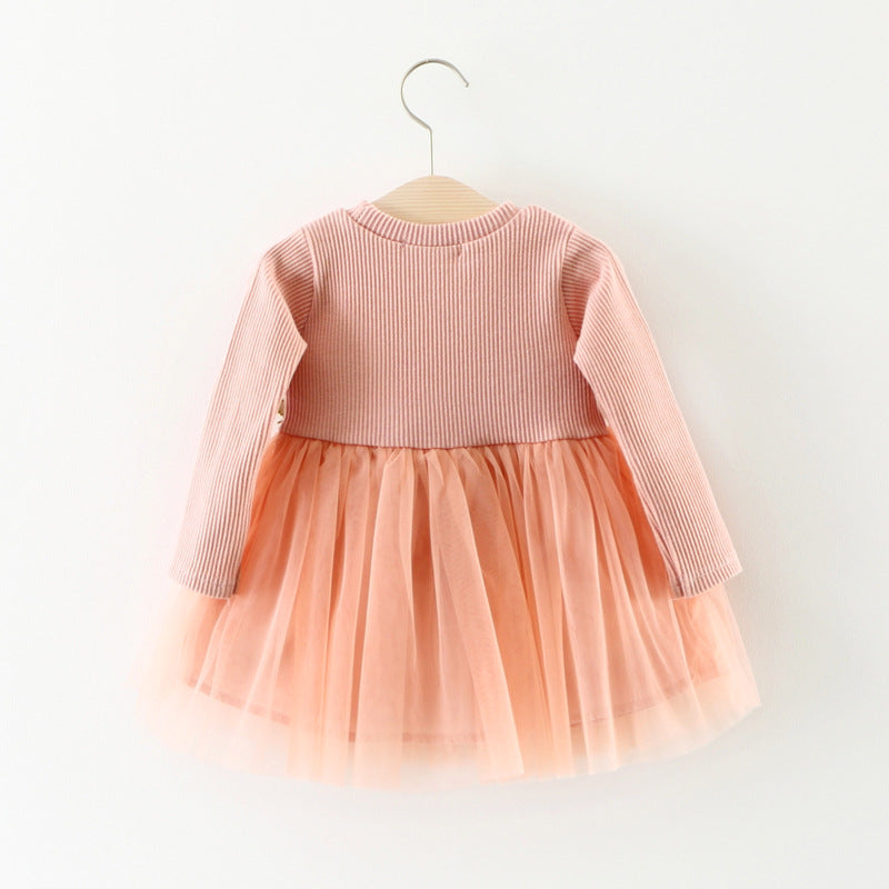 Spring and Autumn Children's Waist Flower Long Sleeve Dress Princess Dress Baby Skirt