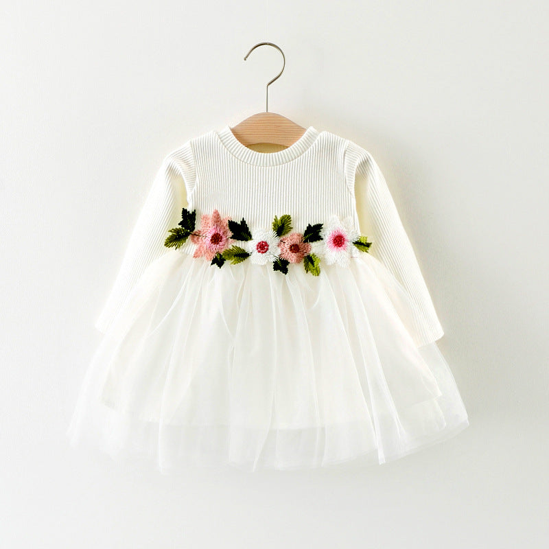 Spring and Autumn Children's Waist Flower Long Sleeve Dress Princess Dress Baby Skirt
