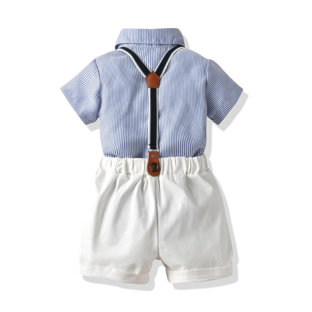 New Boy's Gentleman Suit Summer Short-Sleeved Striped Shirt Bow Tie Shorts Strap Four-Piece Suit