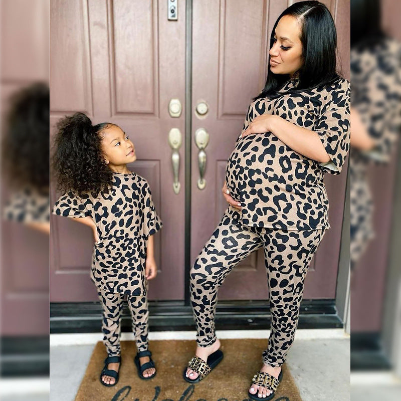 Children's Suit Parent-Child Suit Mother Spring New Leopard Print Two-Piece Suit Mother's Dress