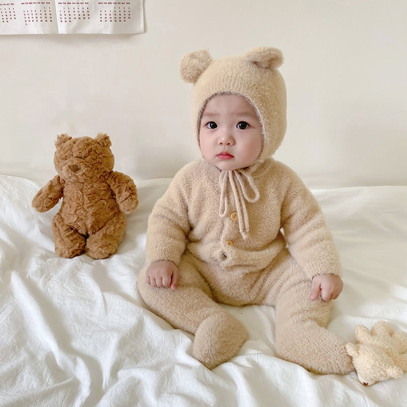 Ins Popular Baby Autumn Dress for Boys and Girls Super Cute Mink Wool Creeper Cute Little Bear Wrapped Leggings Romper