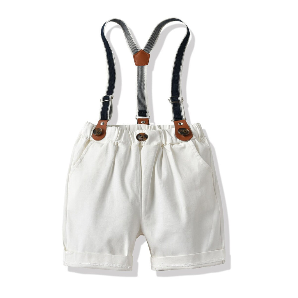 New Boy's Gentleman Suit Summer Short-Sleeved Striped Shirt Bow Tie Shorts Strap Four-Piece Suit