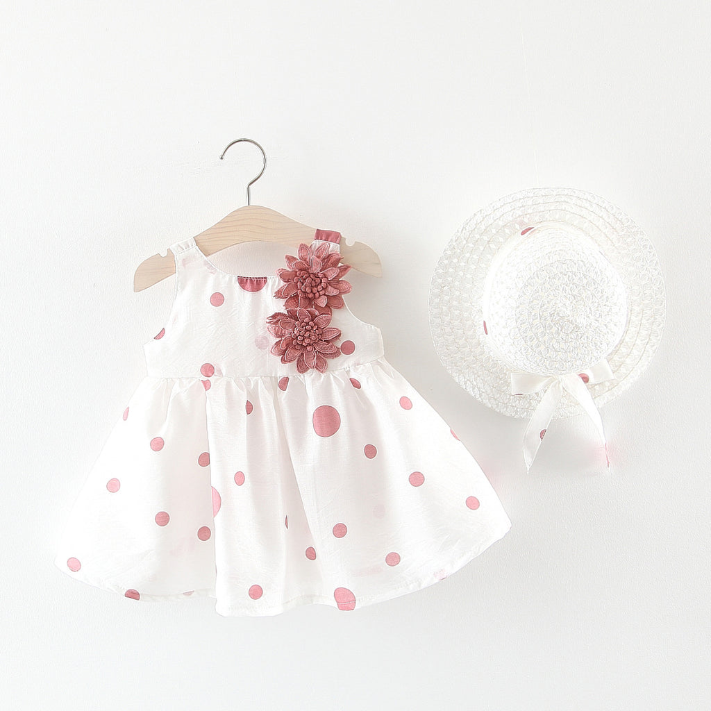 Summer Girls Dot Strap Dress Baby Sleeveless Princess Dress Beach Skirt Free Hat
