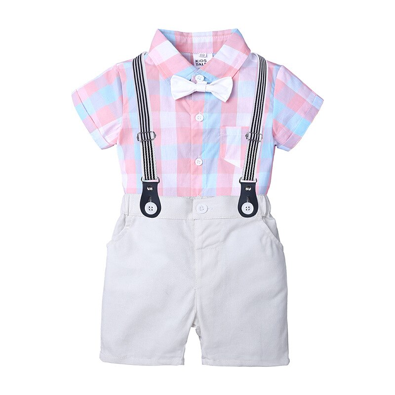 Summer baby boy suit gentleman dress plaid shirt bow tie Siamese short-sleeved jumpsuit straps shorts suit baby clothes