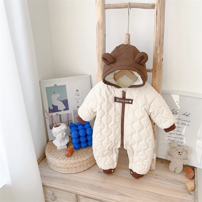 Baby's Winter Clothes Cotton Padded Clothes With Velvet Thickened One-Piece Clothes For Boys Cute Crawling Clothes For Going Out In Winter