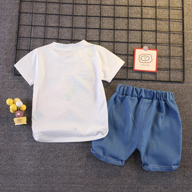 Children's clothing children's short sleeved shorts set stylish baby summer clothing children's shoulder bag T-shirt cartoon set