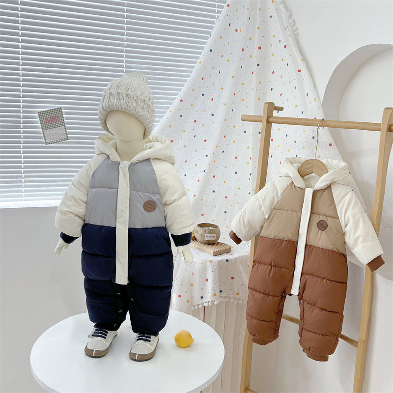 Baby down cotton jacket jumpsuit, autumn and winter clothes, khai clothes for men and women, baby clothes for going out, thick hugging clothes, winter climbing clothes