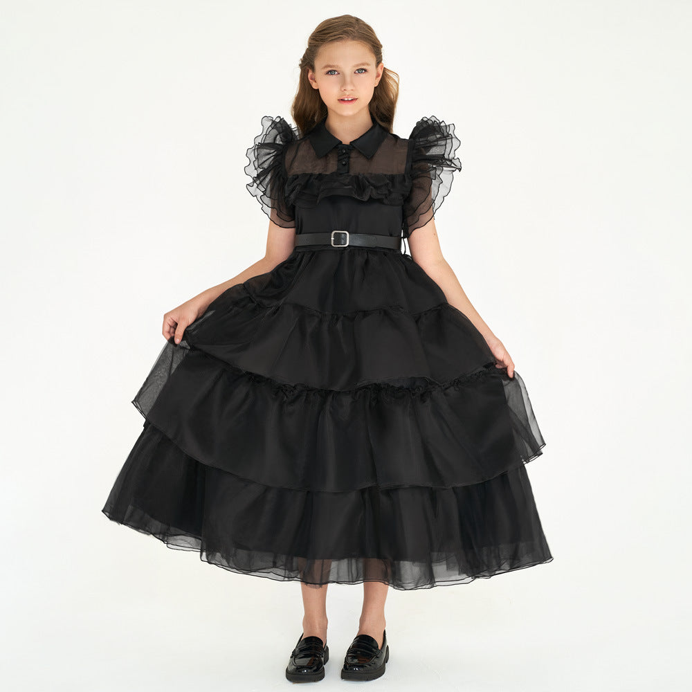 Girls' Dress Adams Style Princess Dress Kids Cosplay Tulle Layered Skirt Ruffled Dress