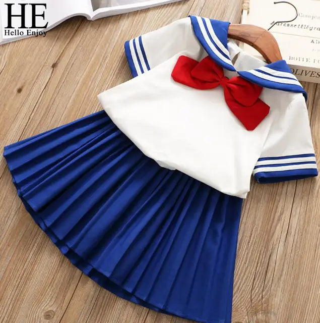 HE Hello Enjoy Baby Girl Boutique Set	Preppy Style Sailor Moon Bow Tops+Blue Pleated Skirt Suit Kids Girls Clothes Children