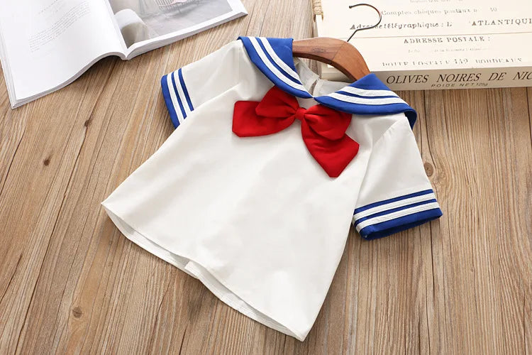 HE Hello Enjoy Baby Girl Boutique Set	Preppy Style Sailor Moon Bow Tops+Blue Pleated Skirt Suit Kids Girls Clothes Children