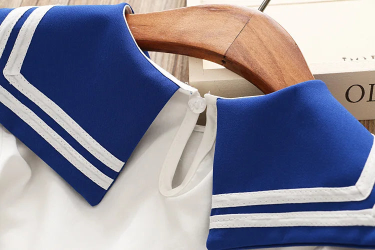 HE Hello Enjoy Baby Girl Boutique Set	Preppy Style Sailor Moon Bow Tops+Blue Pleated Skirt Suit Kids Girls Clothes Children