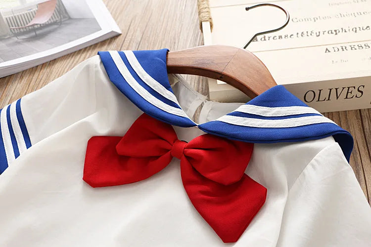 HE Hello Enjoy Baby Girl Boutique Set	Preppy Style Sailor Moon Bow Tops+Blue Pleated Skirt Suit Kids Girls Clothes Children